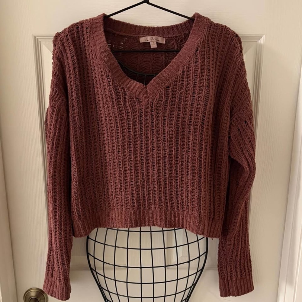 Love Tree Small Mauve Chenille V Neck Chunky Knit Cropped Sweater Women